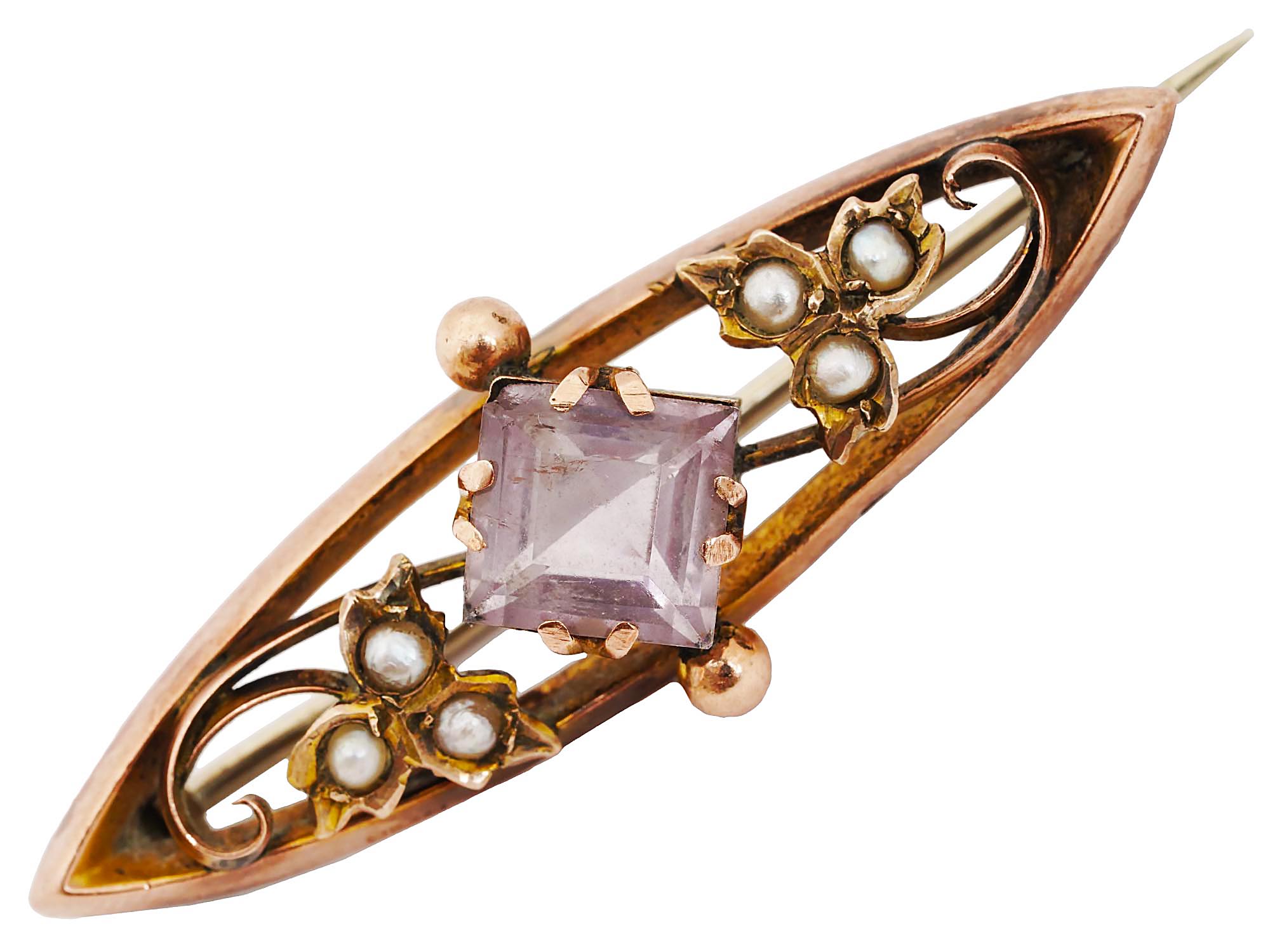 ANTIQUE ENGLISH 9K GOLD AMETHYST AND PEARLS PIN PIC-0